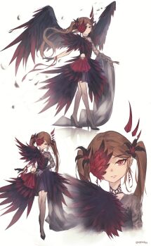 1girl absurdres alternate_costume black_dress black_gloves black_shoes black_wings brown_hair clothing_request dress evil_neuro-sama feathered_wings feathers flower full_body gloves hair_flower hair_ornament hashtag-only_commentary high_heels highres kapxapius long_hair multiple_views neuro-sama red_eyes shoes short_dress simple_background skull slit_pupils solo standing twintails two_side_up vedal_ai virtual_youtuber white_background wings