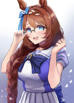 Rule 34 | 1girl, animal ears, blue bow, blue eyes, blush, bow, bowtie, braid, breasts, brown hair, commentary request, ear bow, glasses, hair between eyes, highres, horse ears, horse girl, large breasts, long hair, looking at viewer, multicolored hair, no tail, open mouth, over-rim eyewear, pleated skirt, puffy short sleeves, puffy sleeves, purple bow, purple bowtie, purple shirt, sailor collar, sailor shirt, school uniform, semi-rimless eyewear, shirt, short sleeves, skirt, smile, solo, streaked hair, super creek (umamusume), teeth, tracen school uniform, umamusume, upper teeth only, very long hair, wasabi master, white hair, white sailor collar, white skirt