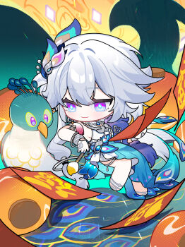 1girl absurdres bird blue_eyes bright_pupils chibi chinese_clothes chinese_commentary closed_mouth commentary_request diamond-shaped_pupils diamond_(shape) dress earrings full_body gloves hair_between_eyes hair_ornament highres holding honkai:_star_rail honkai_(series) jewelry long_hair multicolored_eyes peacock pink_eyes purple_eyes smile solo symbol-shaped_pupils weapon white_hair white_pupils yao_guang_(honkai:_star_rail) yinzhenxiaobai