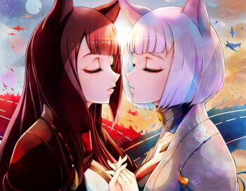 2girls aircraft airplane akagi_(azur_lane) animal_ears azur_lane breasts brown_hair brown_kimono cleavage closed_eyes collar commentary_request eyeshadow flight_deck fox_ears highres imminent_kiss interlocked_fingers japanese_clothes kaga_(azur_lane) kama_o_nu kimono kitsune long_hair makeup medium_breasts metal_collar multiple_girls red_eyeshadow short_hair upper_body white_hair white_kimono yuri