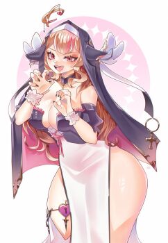 1girl ass bare_hips black_nails blonde_hair breasts cleavage cleavage_cutout clothing_cutout curvy detached_sleeves halo head_wings highres huge_ass indie_virtual_youtuber koto_(kotopro) large_breasts long_hair nun_headdress open_mouth pink_eyes suko_(vtuber) thick_thighs thighs virtual_youtuber white_background wide_hips wings