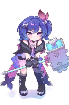 1girl :t absurdres commentary_request genshin_impact giant_hammer goth_fashion hammer highres holding holding_hammer mina_(minaleafeon_c) pout prune_(genshin_impact) purple_eyes purple_hair screw_hair_ornament side_ponytail