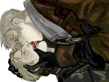 2boys alien_stage axis_powers_hetalia black_gloves blonde_hair brown_coat closed_eyes coat collared_jacket cross gee_(marshmallowchez) germany_(hetalia) gloves green_jacket grey_hair grey_scarf hair_between_eyes hand_on_another's_face hand_on_another's_head highres holding_another's_wrist iron_cross jacket leather leather_gloves long_sleeves lying male_focus military military_jacket military_uniform multiple_boys on_back open_mouth parody russia_(hetalia) scarf short_hair simple_background sweatdrop teeth upper_body white_background yaoi