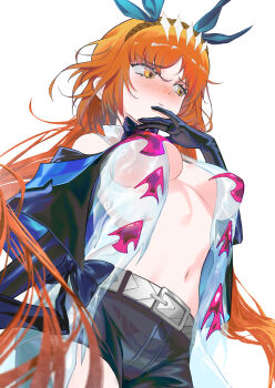 1girl absurdres arknights belt black_gloves black_shorts blue_ribbon blush breasts brown_hairband commentary e.g.o_(project_moon) elbow_gloves embarrassed english_commentary fish freckles gloves grey_belt hair_ribbon hairband highres ishmael_(project_moon) limbus_company liquid_clothes long_hair navel nekon_(nyanekon) orange_hair project_moon ribbon shorts simple_background solo tidal_elegy_(e.g.o) very_long_hair white_background yellow_eyes