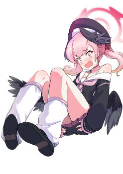 1girl 9-san absurdres beret black_hat black_shirt black_shoes black_wings blue_archive blush bra_strap commentary covering_privates double-parted_bangs embarrassed feathered_wings from_below halo hands_on_own_thighs hat head_wings highres koharu_(blue_archive) leg_warmers long_sleeves looking_at_viewer mini_wings miniskirt neckerchief open_mouth pink_eyes pink_halo pink_neckerchief pink_skirt pleated_skirt school_uniform serafuku shirt shoes simple_background single_bare_shoulder single_off_shoulder skirt sleeves_past_wrists solo wavy_mouth white_background white_leg_warmers wide-eyed wings
