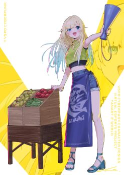 1girl absurdres aizawa_ema alternate_costume apron blonde_hair blue_hair blue_sandals blush commentary crop_top denim denim_shorts english_commentary fingernails food fruit full_body gradient_hair highres holding long_fingernails megaphone midriff multicolored_hair nail_polish nemoto_yuuma open_mouth pink_nails sandals shirt shorts sleeveless sleeveless_shirt standing table two-tone_background vegetable virtual_youtuber vspo! waist_apron white_background wooden_box wooden_table zoom_layer