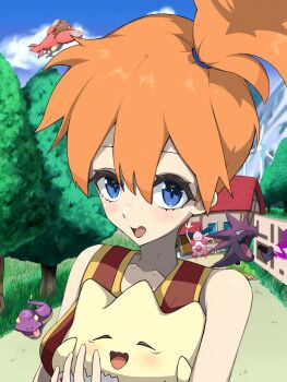 1girl :d asymmetrical_hair blue_eyes blue_sky blush breasts building caterpie closed_eyes cloud collarbone creature day ekans eyelashes fence flying gen_1_pokemon gen_2_pokemon grass hair_between_eyes hair_tie haunter holding holding_creature holding_poke_ball holding_pokemon house looking_at_viewer misty_(pokemon) mr._mime nintendo open_mouth orange_hair outdoors poke_ball pokemon pokemon_(anime) pokemon_(classic_anime) pokemon_(creature) pokemon_rgby ponytail red_shirt shirt short_hair side_ponytail sky sleeveless sleeveless_shirt smile spearow togepi tongue tree