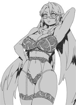 1girl arm_up armpits bare_shoulders bra breasts cleavage commentary_request garter_belt genshin_impact glasses greyscale highres korean_commentary large_breasts long_hair looking_at_viewer minew monochrome navel panties parted_bangs solo thighhighs thighs underwear xianyun_(genshin_impact)