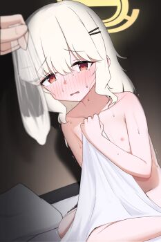 1girl absurdres aoba_(blue_archive) blue_archive blush commentary condom flat_chest hair_ornament hairclip halo highres implied_after_sex loli mintchoco_(minchothudong) nipples nose_blush nude open_mouth parted_lips red_eyes sitting used_condom wariza white_hair yellow_halo