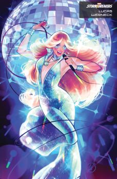 Rule 34 | 1970s fashion, 1girl, absurdres, artist name, bell-bottoms, blonde hair, blue background, blue eyes, blue facepaint, cable, comic cover, company name, cover, cover page, dazzler, disco, disco ball, earrings, english text, facepaint, fingernails, highres, holding, holding microphone, hoop earrings, jewelry, jumpsuit, long fingernails, long hair, looking at viewer, lukas werneck, marvel, microphone, necklace, official art, open mouth, pants, plunging neckline, silver earrings, solo, sparkle, western comics (style), white jumpsuit, white nails, x-men