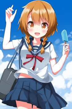 1girl :d arm_up bag black_bag blue_sailor_collar blue_skirt blue_sky blush braid cloud collarbone cowboy_shot day food hand_up highres holding holding_food holding_popsicle looking_at_viewer medium_hair natsuki_hinata neckerchief open_mouth orange_eyes orange_hair outdoors pleated_skirt popsicle red_neckerchief ruu_(tksymkw) sailor_collar school_uniform serafuku shirt short_sleeves shoulder_bag skirt sky smile solo tonari_no_kyuuketsuki-san twin_braids white_shirt