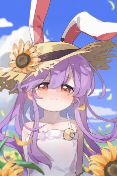 1girl absurdres alternate_costume animal_ears blue_sky blush brown_hat closed_mouth cloud commentary day dress falling_petals flower gumingdi_ban hat hat_flower highres long_hair looking_at_viewer outdoors petals purple_hair rabbit_ears rabbit_girl red_eyes reisen_udongein_inaba sky sleeveless sleeveless_dress smile solo sun_hat sunflower tearing_up touhou very_long_hair white_dress yellow_flower yellow_petals
