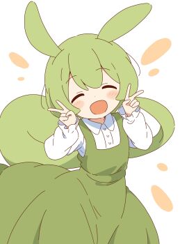 1girl :d ^_^ absurdres animal_ears blush buttons closed_eyes collared_shirt commentary dot_nose double_v dress facing_viewer green_dress green_hair hands_up highres long_hair long_sleeves ojou-sama_zundamon open_mouth pinafore_dress ponytail shirt simple_background sleeveless sleeveless_dress smile solo upper_body v voiceroid white_background white_shirt zundamon zungurimukkuri_tarou