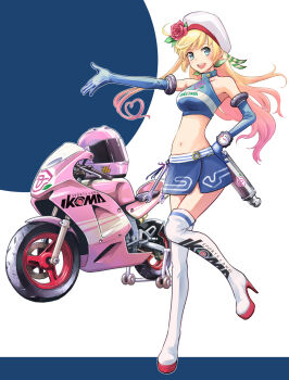 1girl :d blonde_hair blue_eyes blue_gloves blue_skirt boots breasts elbow_gloves female_focus flower full_body gloves green_ribbon hair_flower hair_ornament hair_ribbon hat helmet high_heel_boots high_heels highres honda large_breasts long_hair looking_at_viewer midriff motor_vehicle motorcycle motorcycle_helmet navel one_side_up open_mouth original outstretched_arm pink_hat race_queen ribbon rose saitou_sakae shirt simple_background skirt sleeveless sleeveless_shirt smile solo thigh_boots thighhighs timer very_long_hair white_hat white_thighhighs wrench