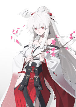 1girl absurdres bare_shoulders branch breasts character_name closed_mouth colored_eyelashes commentary_request hair_ribbon hakama hakama_skirt highres hiyuki_(wuthering_waves) holding holding_branch japanese_clothes kimono large_breasts long_hair long_sleeves looking_at_viewer off_shoulder origami paper_crane partial_commentary ponytail red_eyes red_hakama red_ribbon ribbon skirt solo tacet_mark_(wuthering_waves) white_eyelashes white_hair white_kimono wide_sleeves wuthering_waves xue_jian_ying