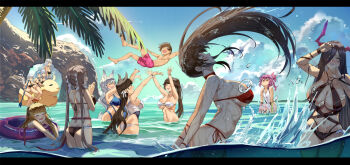 &gt;_&lt; 1boy 6+girls ^_^ animal_ears ass atago_(azur_lane) azur_lane bandeau belfast_(azur_lane) bikini blunt_bangs blush breasts character_request choker closed_eyes club3 friedrich_der_grosse_(azur_lane) hair_over_one_eye halterneck horizon horns huge_breasts inflatable_duck innertube large_breasts letterboxed long_hair multiple_girls navel o-ring o-ring_bikini oar outdoors own_hands_together ponytail queen_elizabeth_(azur_lane) side-tie_bikini_bottom sirius_(azur_lane) smile splashing strapless strapless_bikini swim_ring swimsuit takao_(azur_lane) twintails very_long_hair wading water wet whipping_hair zuikaku_(azur_lane)