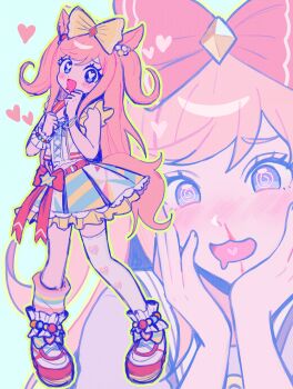 1girl @_@ absurdres agnes_digital_(full-color_fangirling)_(umamusume) agnes_digital_(umamusume) animal_ears blood blue_eyes blue_skirt blush commentary different_zoom_layer english_commentary full_body heart heart-shaped_pupils highres horse_ears horse_girl horse_tail long_hair looking_at_viewer multicolored_skirt multiple_views nosebleed open_mouth orange_hair pechehouse red_shoes shirt shoes skirt sleeveless sleeveless_shirt smile swept_bangs symbol-shaped_pupils tail umamusume white_shirt zoom_layer