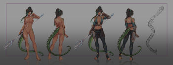 Rule 34 | 1girl, absurdres, anklet, aqua eyes, aqua hair, aqua panties, aqua scrunchie, armor, ass, asymmetrical hair, back tattoo, bare shoulders, barefoot, black choker, black hair, black nails, blue gem, breast tattoo, breasts, breasts apart, choker, choker jewel, colored skin, colored tips, completely nude, cross scar, d-rex, dark-skinned female, dark skin, ear piercing, elbow pads, english text, engraved, feet, gem, gloves, gluteal fold, gold anklet, gold necklace, gold trim, green scales, green skin, grey background, hair over one eye, highres, holding, holding polearm, holding weapon, incredibly absurdres, jewelry, leather, leather belt, leather gloves, leg tattoo, lizard tail, long eyelashes, long hair, looking to the side, median furrow, medium breasts, midriff, miyu li (ashiavain), multicolored hair, multiple views, nail polish, necklace, nipple indents, nude, original, outline, panties, piercing, pointing, pointing at self, pointy ears, polearm, ponytail, purple outline, pussy, reflection, reflective floor, reptile girl, revealing clothes, scales, scar, scar on face, scar on nose, scrunchie, sharp teeth, shoulder tattoo, sideboob, slit pupils, solo, spiked elbow pads, stirrup legwear, stomach tattoo, tail, tattoo, teeth, toeless legwear, toenail polish, toenails, toes, tongue, trident, two-tone hair, underwear, weapon