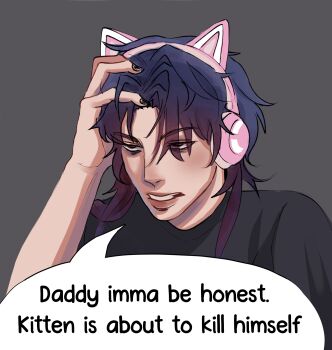 Rule 34 | 1boy, absurdres, animal ear headphones, animal ears, bags under eyes, black shirt, blade (honkai: star rail), cat ear headphones, cat ears, commentary, english commentary, english text, fake animal ears, grey background, headphones, highres, honkai: star rail, honkai (series), kitten i'll be honest daddy's about to kill himself (meme), ly4guha, male focus, medium hair, meme, parted lips, purple hair, red eyes, shirt, simple background, solo, upper body