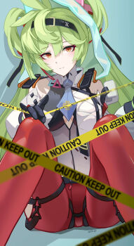 1girl absurdres ai_dongdong ai_hyperion_lambda ai_hyperion_lambda_(burning_rescue_soul) aqua_background black_gloves black_hairband blue_necktie breasts caution_tape closed_mouth clothing_cutout commentary_request expressionless feet_out_of_frame gloves green_hair hairband hand_on_own_knee highres honkai_(series) honkai_impact_3rd knees_up large_breasts long_hair looking_at_viewer necktie official_alternate_costume orange_eyes pants red_pants simple_background sitting solo very_long_hair