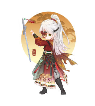 1girl absurdres alternate_hair_color artist_name baggy_pants black_boots black_headband blunt_ends bonsai boots brown_cape cape chinese_clothes chinese_commentary circle closed_mouth commentary_request determined eye_mask floating floating_object floating_weapon frown full_body green_eyes grey_pants hair_tie half_mask hanfu headband high_ponytail highres infinity_nikki knee_boots light_blush long_hair long_sleeves mask nikki_(series) official_alternate_color outstretched_arms pants ponytail puffy_long_sleeves puffy_sleeves red_hanfu red_mask shenqi_tuoxie_zai_nali solo standing sword sword_master_(infinity_nikki) torn_cape torn_clothes very_long_hair weapon white_background white_hair