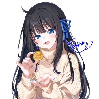 1girl :d ahoge aran_sweater artist_name black_hair blue_eyes blue_nails blue_ribbon blush breasts cable_knit commentary_request earrings food hair_ribbon head_tilt holding holding_food incoming_food indie_virtual_youtuber jewelry long_hair long_sleeves looking_at_viewer medium_breasts nail_polish open_mouth otosaki_rita ribbon sidelocks signature simple_background smile solo sweater teeth turtleneck turtleneck_sweater upper_body upper_teeth_only variant_set virtual_youtuber white_background yellow_sweater yunagi_(arukumaruta)