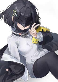 1girl arknights arknights:_endfield black_hair black_jacket black_pantyhose chinese_commentary closed_mouth commentary_request endministrator_(arknights) female_endministrator_(arknights) hair_ornament highres jacket long_sleeves off_shoulder pantyhose ribbed_sweater short_hair signature simple_background smile solo sweater two-sided_fabric two-sided_jacket v white_background white_jacket white_sweater youqia