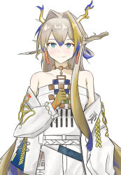 Rule 34 | 1girl, aqua eyes, arknights, bare shoulders, belt, blonde hair, blue hair, blue horns, blush, brown hair, closed mouth, commentary, dragon girl, dragon horns, earrings, english commentary, hair intakes, hand on own chest, hand up, highres, horns, jacket, jewelry, long hair, looking at viewer, multicolored hair, necklace, off shoulder, open clothes, open jacket, pointy ears, shu (arknights), simple background, smile, solo, split mouth, strapless, tube top, unzipped, upper body, white background, white belt, white horns, white jacket, white tube top, wijen (gomugumm), yellow horns, zipper