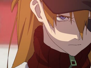 1girl angry blue_eyes blurry blurry_background evangelion:_3.0_you_can_(not)_redo eyepatch glaring hat highres jacket koumoto_yuusei long_hair looking_past_viewer neon_genesis_evangelion orange_hair rebuild_of_evangelion shaded_face solo souryuu_asuka_langley track_jacket zipper_pull_tab
