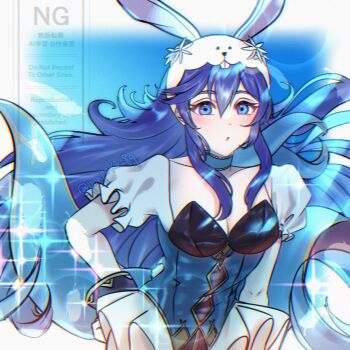 1girl animal_ears animal_hood blue_eyes blue_hair breasts chromatic_aberration cleavage fake_animal_ears fire_emblem fire_emblem_awakening fire_emblem_heroes hair_between_eyes highres hood long_hair looking_at_viewer lucina_(fire_emblem) lucina_(spring_exalt)_(fire_emblem) medium_breasts nintendo official_alternate_costume ponpoko89 puffy_short_sleeves puffy_sleeves rabbit_hood short_sleeves solo twitter_username very_long_hair
