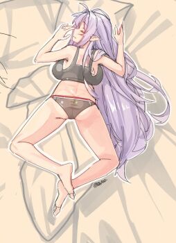 ass back breasts closed_eyes eepy_sleepy feet large_breasts long_hair lying on_stomach panties phase_connect pointy_ears purple_hair sleeping sports_bra thick_thighs thighs tilt-shift_(azalanz) toes underwear