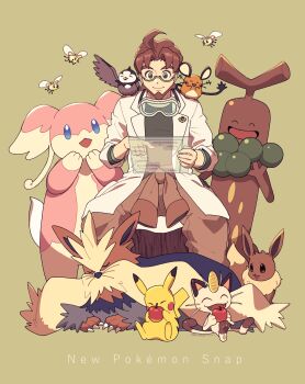Rule 34 | 1boy, apple, audino, batabiru, beard, brown hair, brown pants, closed mouth, coat, copyright name, cutiefly, dedenne, eating, eevee, facial hair, food, fruit, gen 1 pokemon, gen 2 pokemon, gen 4 pokemon, gen 5 pokemon, gen 6 pokemon, gen 7 pokemon, glasses, goggles, goggles around neck, green background, highres, holographic interface, long sleeves, meowth, new pokemon snap, nintendo, pants, pikachu, pokemon, pokemon (creature), professor mirror, short hair, sitting, smile, starly, stoutland, sudowoodo, white coat