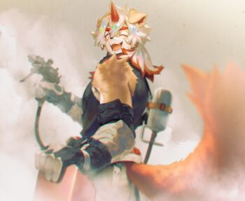 1boy ahonobo arknights fangs furry furry_male highres holding horns hung_(arknights) long_hair looking_at_viewer male_focus multicolored_hair mythological_creature one_eye_closed open_mouth simple_background single_horn smile