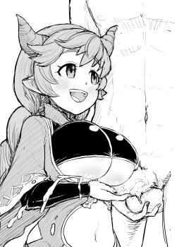 1boy 1girl absurdres braid breasts caressing_testicles carmelina_(granblue_fantasy) clothed_female_nude_male clothing_cutout comic_lo commentary_request cum cum_on_body cum_on_breasts cum_on_upper_body draph ejaculation eo_masaka granblue_fantasy greyscale handjob head_out_of_frame hetero highres horns large_breasts long_hair looking_up monochrome navel nude open_mouth penis penis_under_breasts smile stomach_cutout teeth testicles twin_braids underboob underboob_cutout upper_teeth_only veins veiny_penis very_long_hair