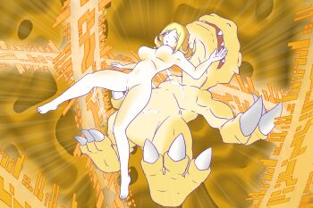 1boy 1girl absurdres agumon alternate_universe barefoot biomerge breasts claws closed_eyes commission completely_nude digimon digimon_(creature) digimon_adventure electricity energy full_body fusion henshin highres large_breasts lizard matrix_evolution mature_female nude open_mouth outstretched_arms pussy tia_ivonis transformation twitter_username yagami_yuuko