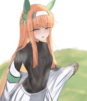 1girl animal_ears black_bodysuit black_gloves blue_eyes blunt_bangs blush bodysuit bow ear_bow ear_covers gloves hairband highres hime_cut horse_ears horse_girl horse_tail long_hair long_sleeves looking_at_viewer open_mouth orange_hair orange_tail silence_suzuka_(innocent_silence)_(umamusume) silence_suzuka_(umamusume) skirt smile solo tail tomatoidaphne umamusume white_hairband white_skirt