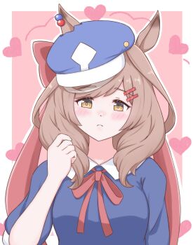 1girl :&lt; absurdres animal_ears blush breasts brown_eyes brown_hair casual collarbone commentary_request hair_between_eyes hair_ornament hairclip hat heart highres horse_ears horse_girl looking_at_viewer matikanetannhauser_(umamusume) medium_breasts medium_hair solo umamusume yozakuraplanet-nanaari