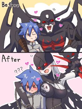 1girl 2boys @_@ age_difference before_and_after black_bodysuit black_gloves blue_hair blush bodysuit breasts brown_eyes chain character_request claws colored_skin devimon digimon echieichi gloves grey_skin heart highres horns ladydevimon large_breasts multiple_boys open_mouth outline pink_background red_eyes shy size_difference smile white_outline wings