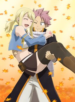 Rule 34 | 1boy, 1girl, bad id, bad pixiv id, black skirt, black thighhighs, bluesnowcat, closed eyes, fairy tail, hair ornament, lucy heartfilia, natsu dragneel, navel, one eye closed, open mouth, pink hair, scarf, skirt, smile, thighhighs, white scarf