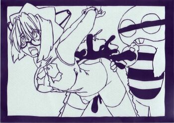 1girl 2boys 2k-tan arms_behind_back assless_swimsuit bare_arms bare_shoulders bdsm bondage border bound breasts buck_teeth censored cowboy_shot creature cuffs female_focus gachapin glasses handcuffed handcuffs headress hetero hirake!_ponkikki censored_identity kirigami leaning_forward looking_over_eyewear medium_breasts monochrome mukku multiple_boys one-piece_swimsuit os-tan propeller short_hair simple_background solo standing strappado swimsuit teeth thighhighs white_background