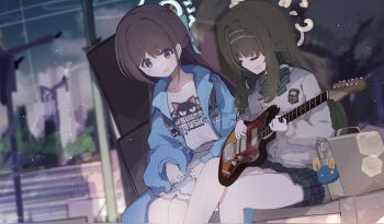 2girls absurdres airi_(band)_(blue_archive) airi_(blue_archive) bag bag_charm black_bow black_bowtie black_hair black_skirt blue_archive blue_halo blue_jacket bow bowtie brown_hair camisole chamoraile charm_(object) closed_eyes commentary_request diagonal-striped_bow diagonal-striped_bowtie diagonal-striped_clothes dutch_angle film_grain grey_camisole grey_eyes guitar halo highres instrument jacket long_hair long_sleeves miniskirt multiple_girls music open_clothes open_jacket open_mouth outdoors parted_bangs pink_halo playing_guitar playing_instrument pleated_skirt print_shirt school_bag school_uniform shirt sitting skirt slice_of_life smile striped_bow striped_bowtie striped_clothes tsumugi_(blue_archive) white_shirt white_skirt wispy_bangs