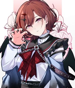 Rule 34 | 1girl, absurdres, brown hair, chain, commentary, english commentary, floral background, hair ornament, highres, higuchi madoka, idolmaster, idolmaster shiny colors, mole, mole under eye, purple eyes, short hair, solo, upper body, wanderstillart