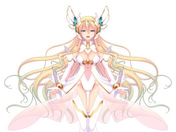 1girl blonde_hair blue_eyes breasts cleavage detached_collar detached_sleeves disgust dress en_ciel_rena en_ciel_rena_(laelith) game_cg gradient_hair green_hair hair_ornament kourin_tenshi_en_ciel_rena large_breasts large_variant_set leotard long_hair looking_at_viewer magical_girl multicolored_hair non-web_source official_art open_mouth saitou_natsuki see-through_clothes solo standing suhamaya thighhighs tomoe_rena transparent_background variant_set very_long_hair white_thighhighs