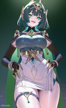 1girl :d absurdres ai-assisted black_gloves breasts closed_mouth cowboy_shot dress elbow_gloves facial_mark genshin_impact gloves green_eyes green_hair hair_ornament hand_on_own_hip highres jewelry large_breasts looking_at_viewer medium_hair moetsukita nefer_(genshin_impact) open_mouth short_hair smile solo teeth thighs upper_teeth_only