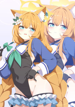 1girl absurdres alternate_costume alternate_hairstyle animal_ear_fluff animal_ears aqua_neckerchief black_gloves black_leotard blue_archive blue_eyes blue_shirt blush braid cat_ears cat_girl closed_mouth cosplay cropped_shirt frilled_thigh_strap gloves hair_between_eyes halo highleg highleg_leotard highres kame_(nokonoko10271) leotard long_hair looking_at_viewer mari_(blue_archive) neckerchief open_clothes orange_hair photoshop_(medium) shimiko_(blue_archive) shimiko_(blue_archive)_(cosplay) shimiko_(magical)_(blue_archive) shirt solo thigh_strap twin_braids very_long_hair yellow_halo zoom_layer