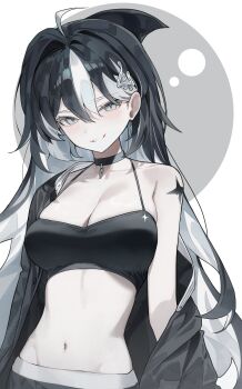 1girl absurdres ahoge bare_shoulders black_choker black_hair black_jacket black_shirt breasts choker cleavage commentary crop_top dorsal_fin earrings grey_eyes grin hair_between_eyes hair_ornament hairclip halterneck heart highres huu_(dighapdlxm12) jacket jewelry large_breasts long_hair looking_at_viewer midriff multicolored_hair multiple_views navel off_shoulder original shirt shoulder_tattoo skindentation sleeveless sleeveless_shirt smile spaghetti_strap stomach symbol-only_commentary tattoo two-tone_hair upper_body very_long_hair white_hair