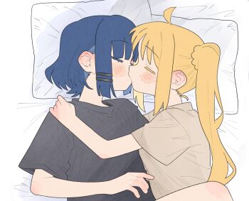 2girls ahoge black_shirt blonde_hair blue_hair blush bocchi_the_rock! commentary cuddling grey_shirt hand_on_another&#039;s_shoulder highres ijichi_nijika kiss long_hair multiple_girls ofo_j1 pillow shirt short_hair side_ponytail yamada_ryo yuri