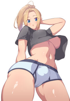 Rule 34 | 1futa, arm behind head, black shirt, blonde hair, blue eyes, blush, brand name imitation, breasts, briefs, bulge, classic fly briefs, clothes writing, covered erect nipples, cowboy shot, english text, eyes visible through hair, flaccid, from below, futanari, high ponytail, large breasts, long hair, looking at viewer, looking down, male underwear, midriff, navel, nipples, no bra, no pants, open mouth, original, ponytail, shirt, short sleeves, simple background, solo, stomach, thighs, underboob, underwear, underwear writing, upshirt, white background, yana (nekoarashi)