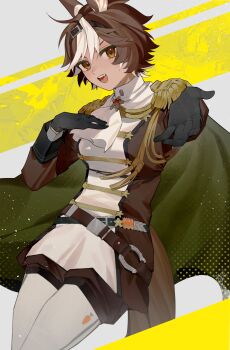 absurdres alternate_costume animal_ears black_gloves boots breasts brown_dress brown_eyes brown_hair cape commentary dress english_commentary epaulettes gloves green_cape hand_on_own_chest handkerchief highres horse_ears horse_girl kyomunohi large_breasts long_sleeves looking_at_viewer multicolored_hair open_mouth reaching reaching_towards_viewer second-party_source short_hair smile teeth thighhighs tomoe_umari tongue v-dere virtual_youtuber white_boots white_thighhighs