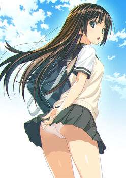 ass bag black_hair black_sailor_collar black_skirt blue_sky brown_hair cloud cloudy_sky commentary_request day from_behind grey_eyes koutaro long_hair looking_at_viewer looking_back open_mouth original outdoors panties pleated_skirt sailor_collar school_bag school_uniform serafuku shirt short_sleeves skirt sky solo sweater_vest underwear very_long_hair white_panties white_shirt